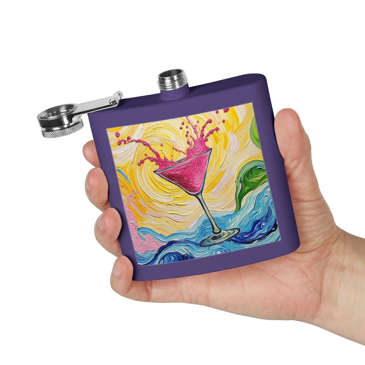 Flask - Stainless Steel 6oz  - Colorful Hot Pink Martini Splash Whimsical Artwork - 'Sway & Sip'