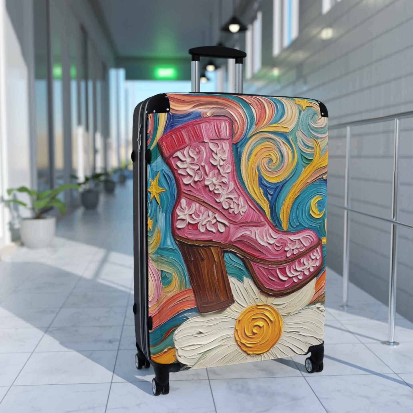 Luggage - Suitcases - Carry-on - Pink Platform Boot - Artistic Rolling Suitcase Painterly Style Artistic Rolling Suitcase - 'Dancin' on a Daisy
