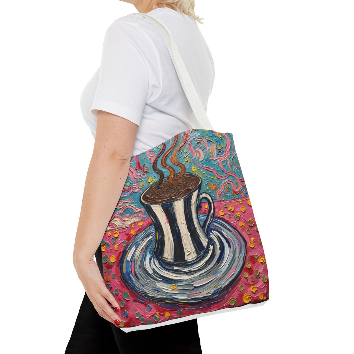 Tote Bag - Colorful Striped Coffee Cup - Painterly Style Design  - 'Mocha Dreams'