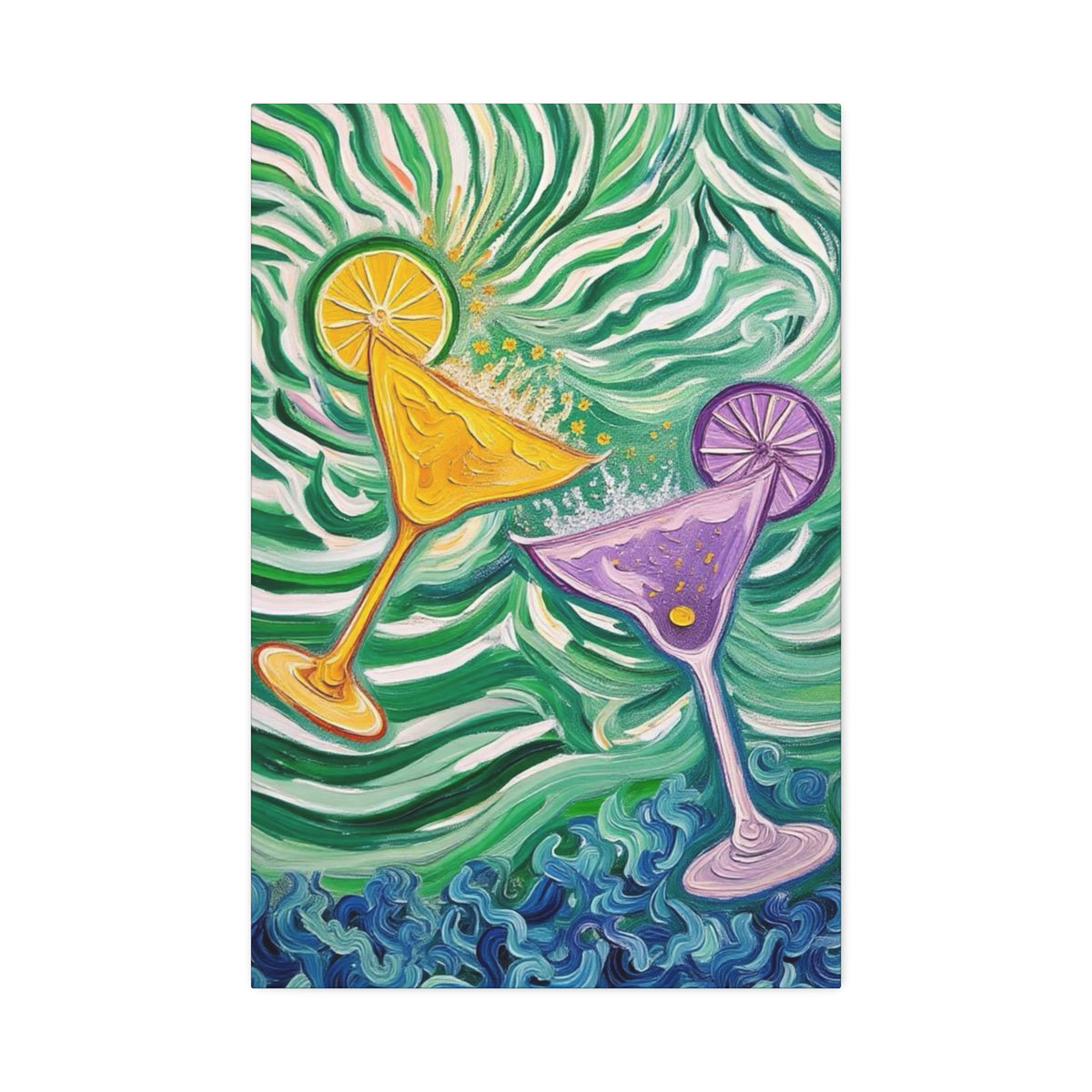 Canvas Wall Art - Yellow and Purple floating Cocktails - Artistic Painterly Style - Impasto Design Print - 'Green Rush'