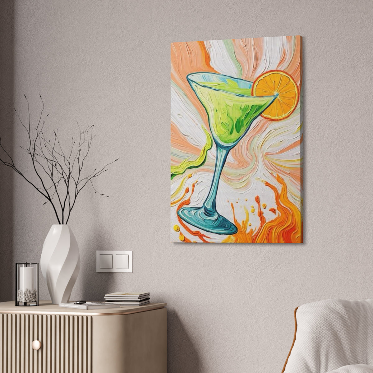 Canvas Wall Art - Orange and Green Refreshing Citrus Cocktail-Splashes of Color - Artistic Painterly Style - Impasto Design Print - 'Lime Light'