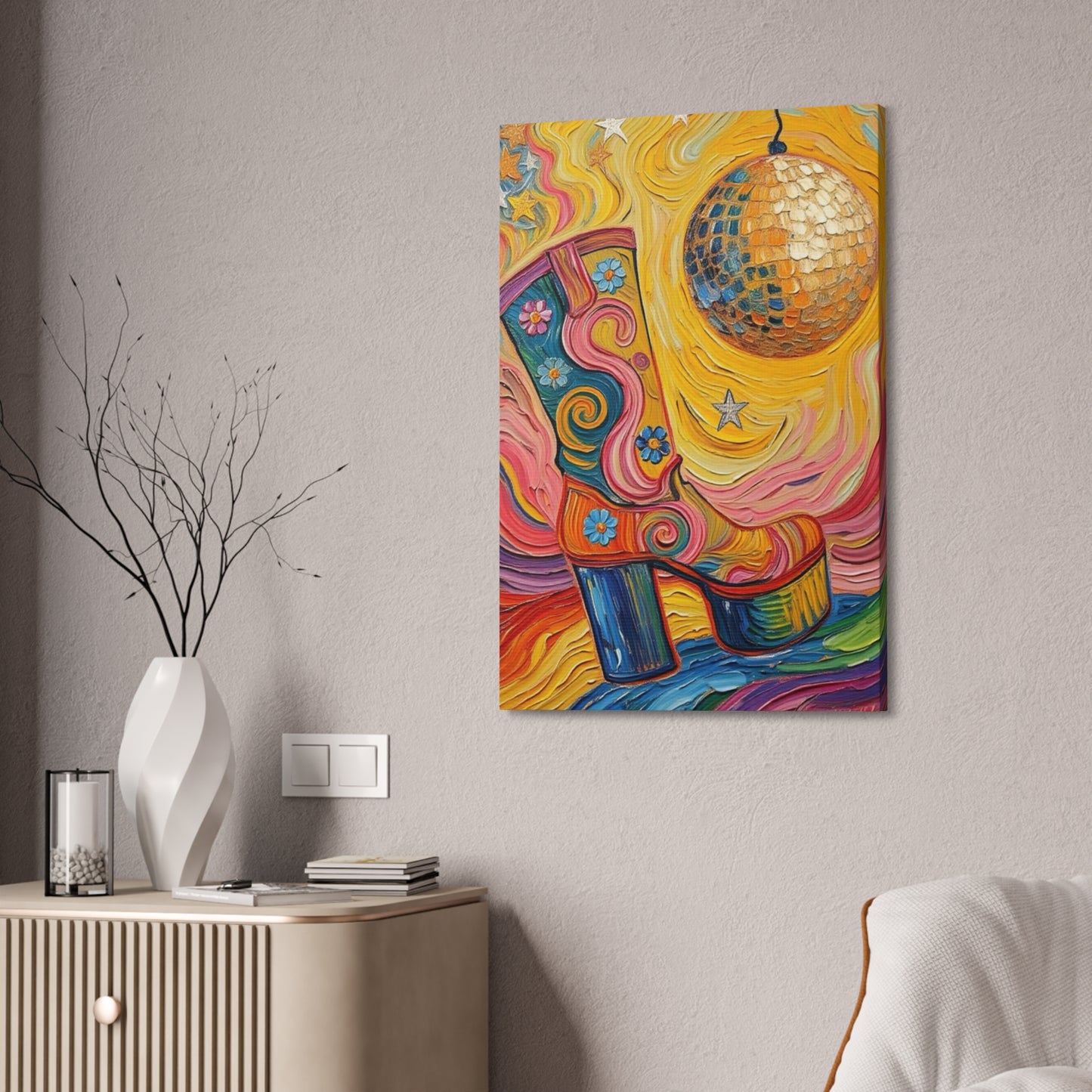 Canvas Wall Art - Colorful Retro Disco High Heel Platform Boot - Painterly Style Design - ' Boogie Nights'