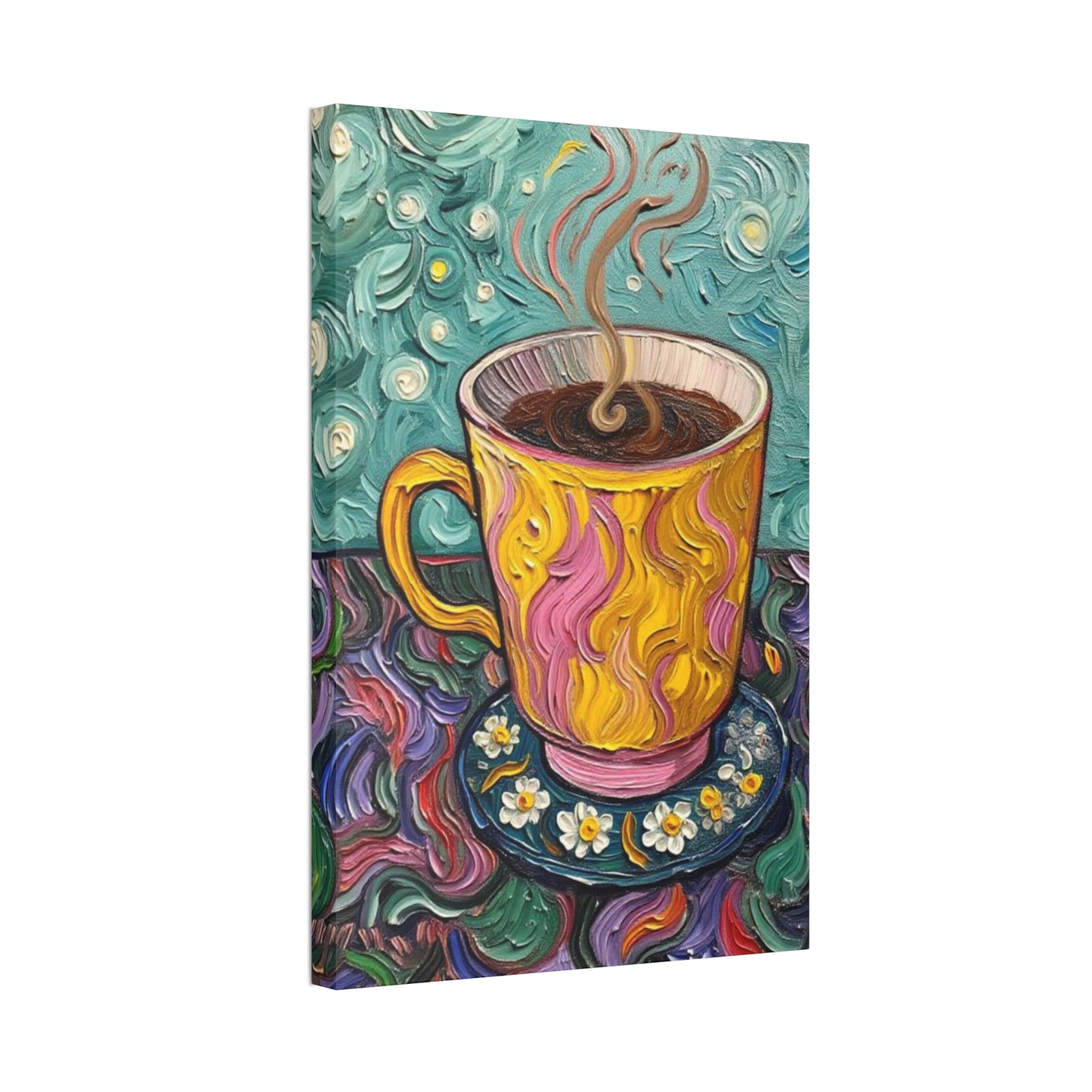 Coffee Cup Canvas Wall Art – Colorful Textured Painting of Steaming Mug