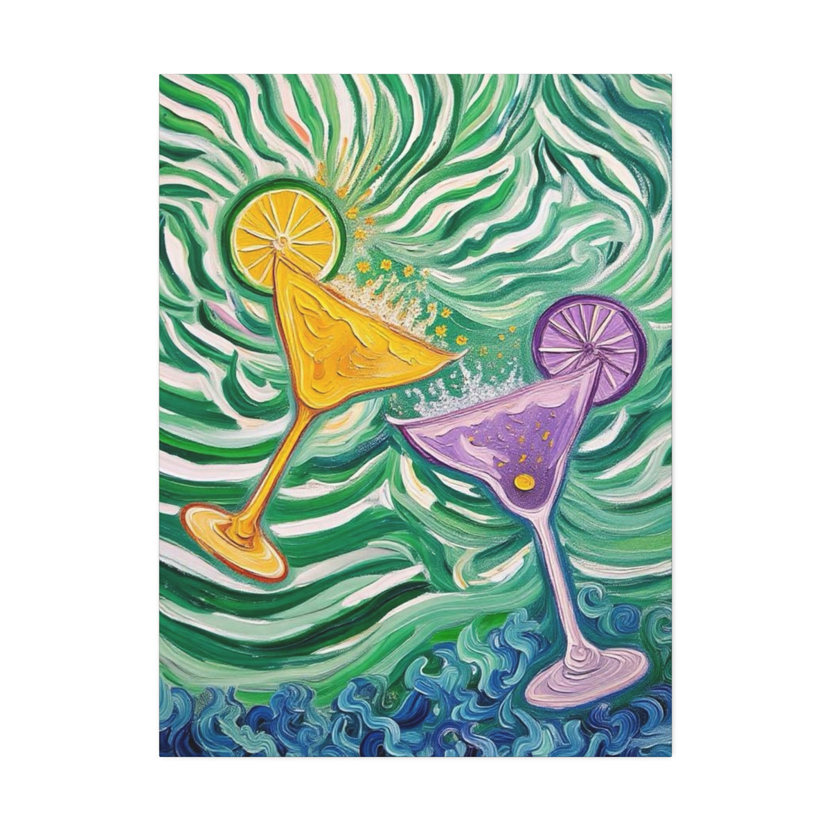 Canvas Wall Art - Yellow and Purple floating Cocktails - Artistic Painterly Style - Impasto Design Print - 'Green Rush'