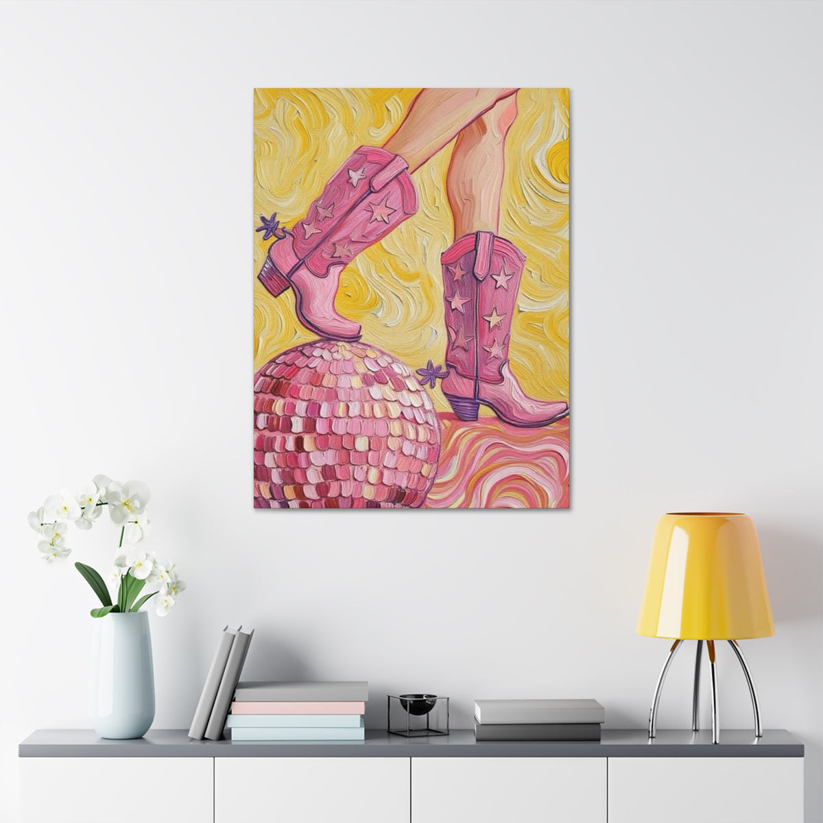 Canvas Wall Art - Pink Cowboy Boots - Disco Ball - Artistic Painterly Style - Impasto Design Print - 'Disco Cowgirl'