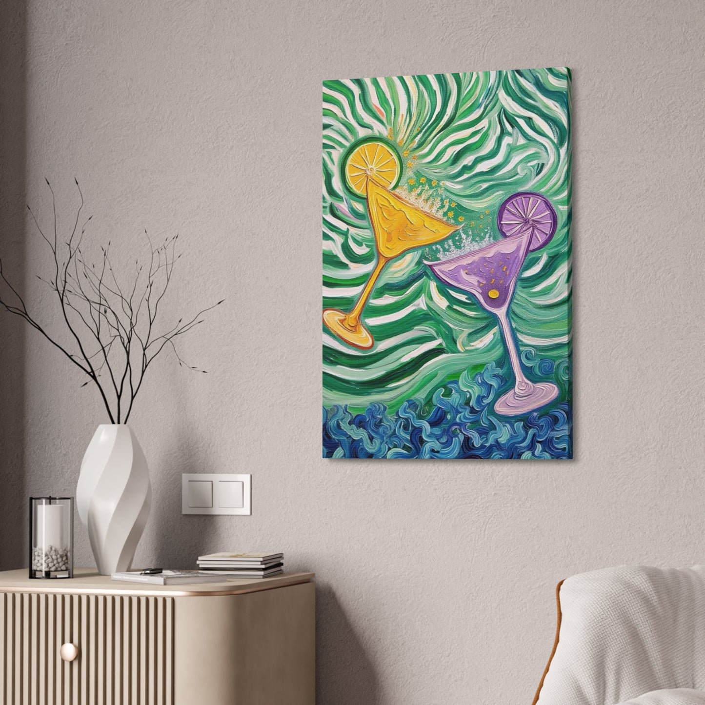 Canvas Wall Art - Yellow and Purple floating Cocktails - Artistic Painterly Style - Impasto Design Print - 'Green Rush'